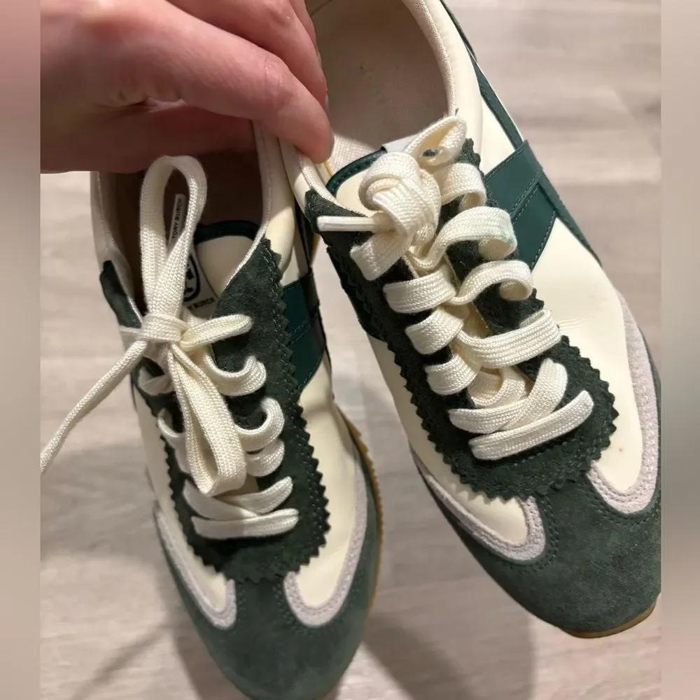 Tory Burch Green and Cream Retro Sneakers with Suede and Mesh